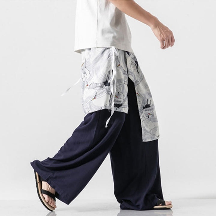 Buddha Stones Pantalon d'été en coton pour homme, jambes larges, avec poches, motif grue volante - image 6