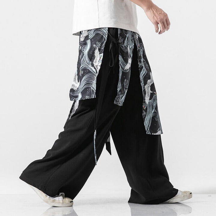 Buddha Stones Pantalon d'été en coton pour homme, jambes larges, avec poches, motif grue volante - image 24