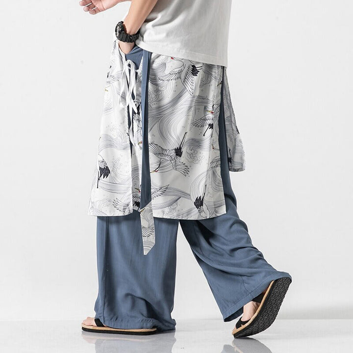 Buddha Stones Pantalon d'été en coton pour homme, jambes larges, avec poches, motif grue volante - image 11