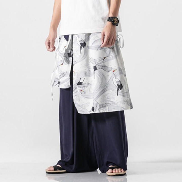 Buddha Stones Pantalon d'été en coton pour homme, jambes larges, avec poches, motif grue volante - image 8