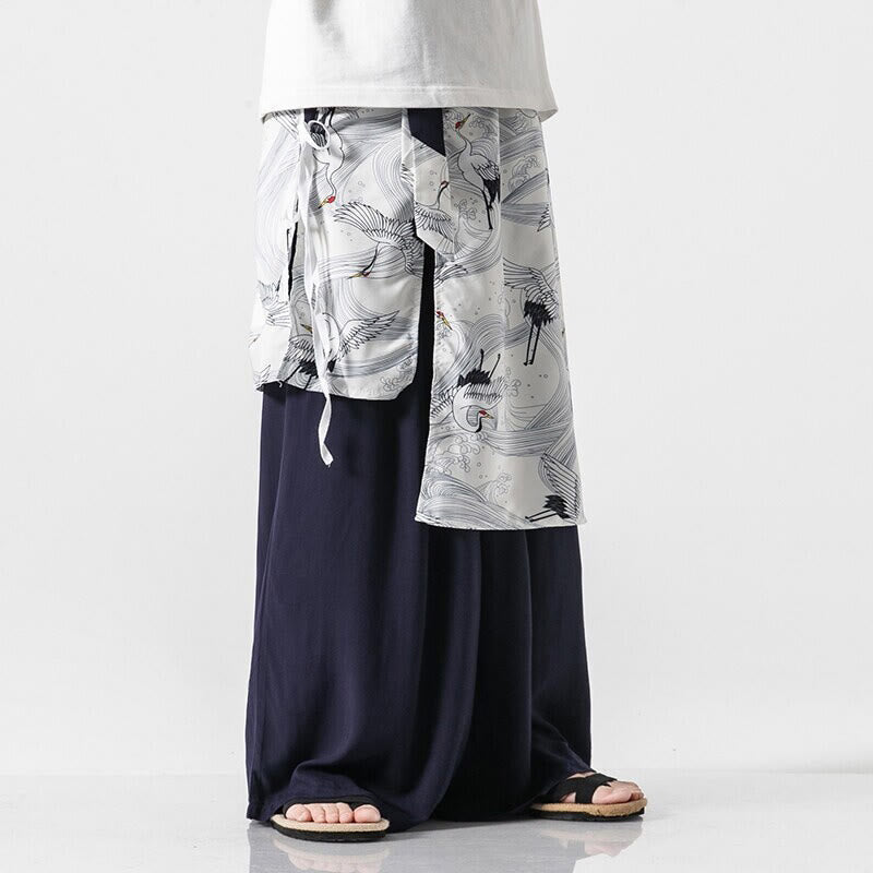 Buddha Stones Pantalon d'été en coton pour homme, jambes larges, avec poches, motif grue volante - image 1
