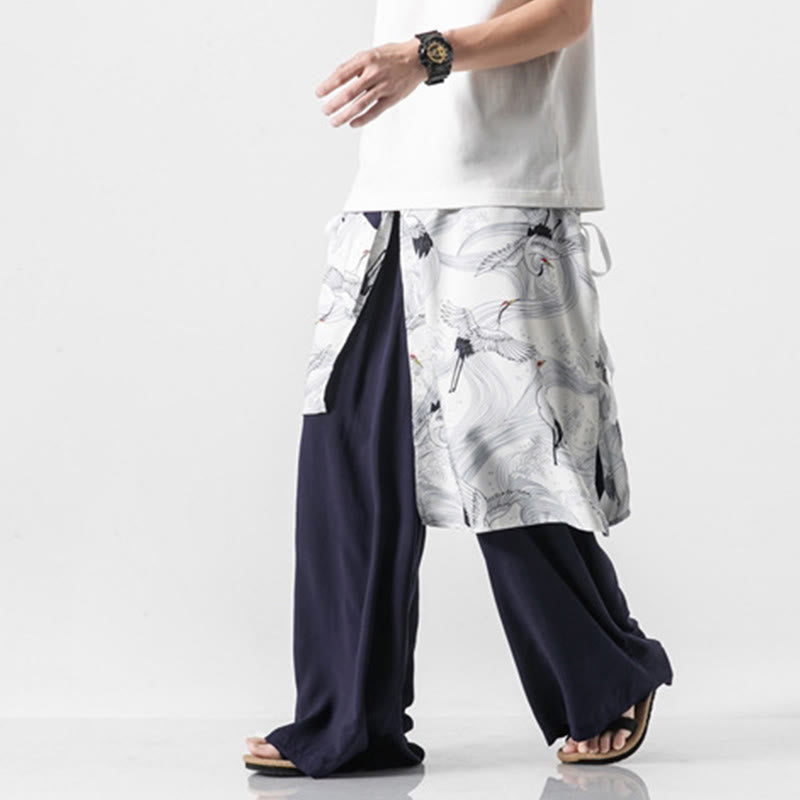 Buddha Stones Pantalon d'été en coton pour homme, jambes larges, avec poches, motif grue volante - image 2