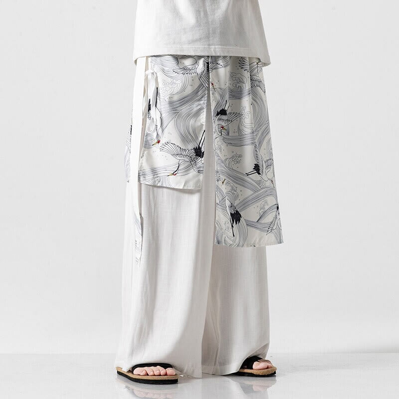 Buddha Stones Pantalon d'été en coton pour homme, jambes larges, avec poches, motif grue volante - image 40
