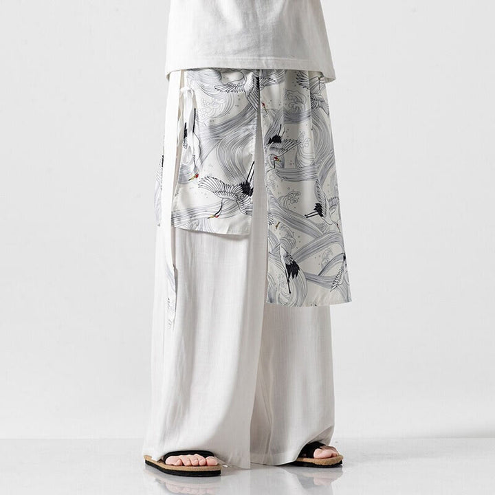 Buddha Stones Pantalon d'été en coton pour homme, jambes larges, avec poches, motif grue volante - image 40