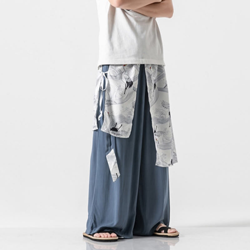 Buddha Stones Pantalon d'été en coton pour homme, jambes larges, avec poches, motif grue volante - image 19