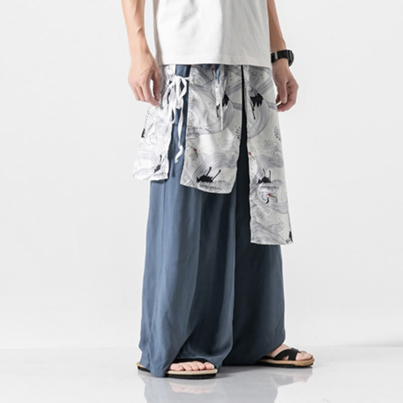 Buddha Stones Pantalon d'été en coton pour homme, jambes larges, avec poches, motif grue volante - image 12