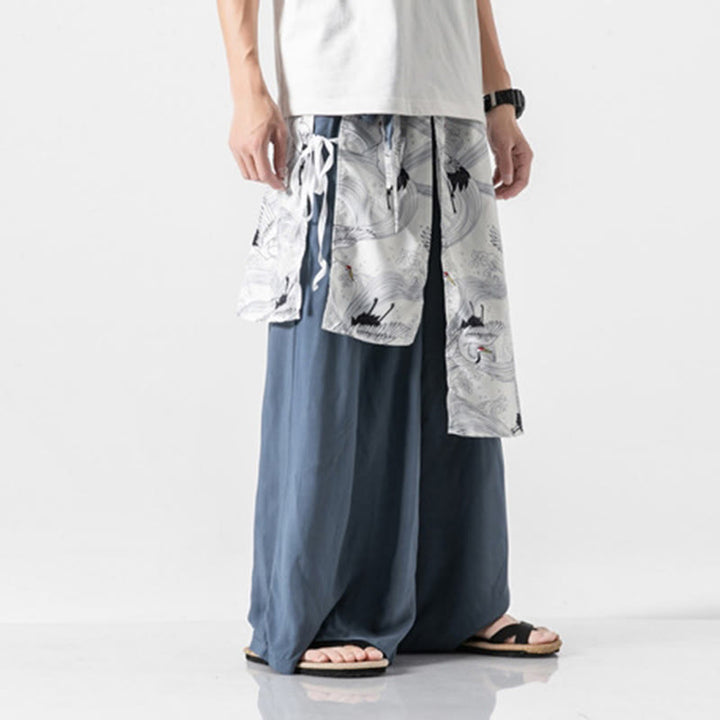 Buddha Stones Pantalon d'été en coton pour homme, jambes larges, avec poches, motif grue volante - image 12