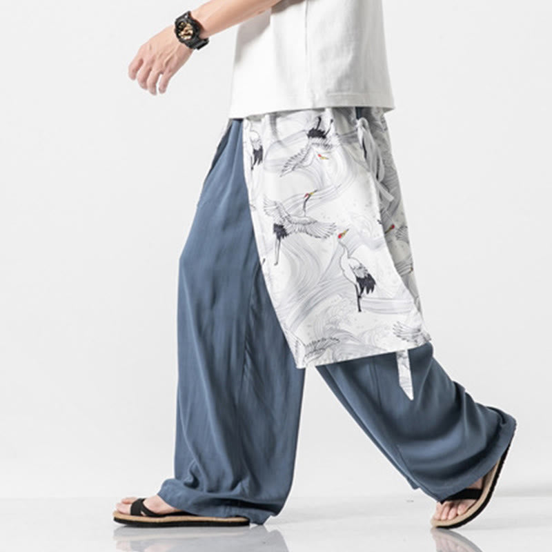 Buddha Stones Pantalon d'été en coton pour homme, jambes larges, avec poches, motif grue volante - image 13