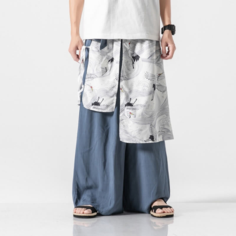 Buddha Stones Pantalon d'été en coton pour homme, jambes larges, avec poches, motif grue volante - image 14