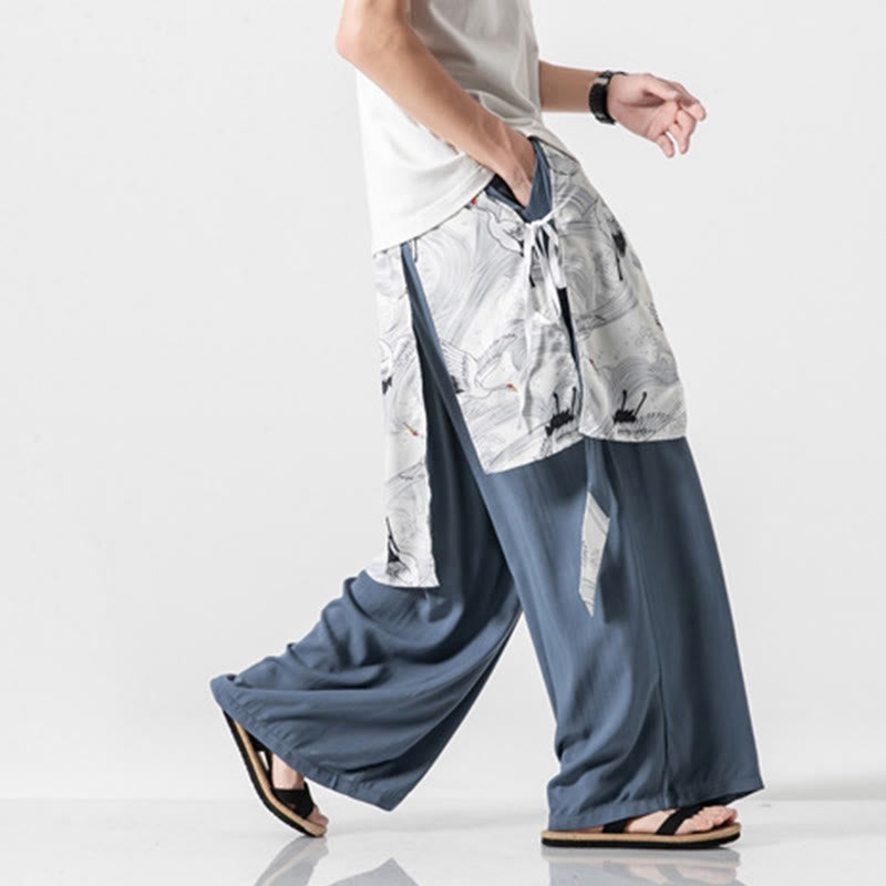 Buddha Stones Pantalon d'été en coton pour homme, jambes larges, avec poches, motif grue volante - image 16