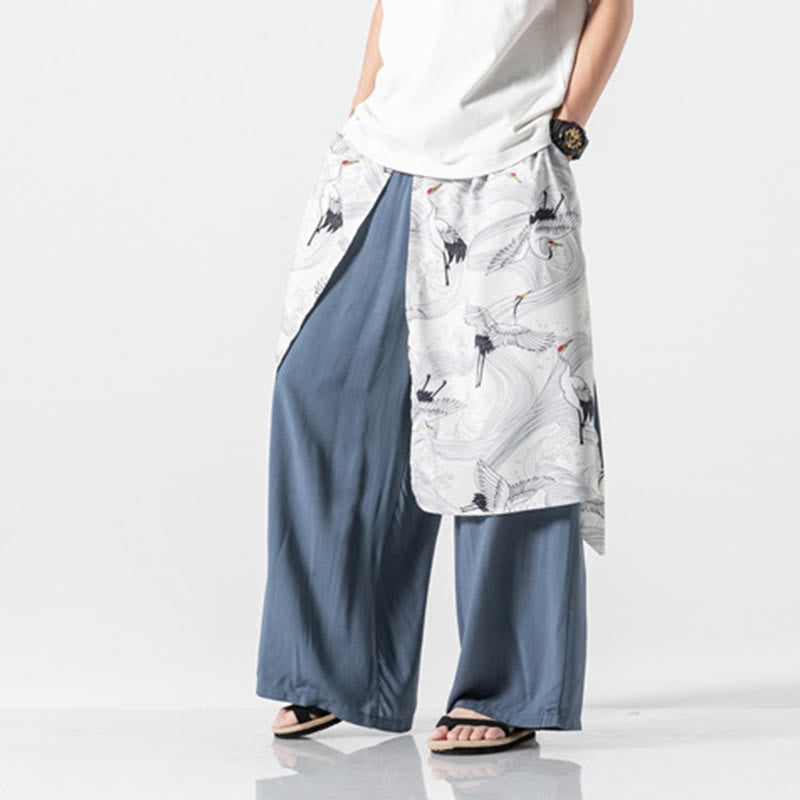 Buddha Stones Pantalon d'été en coton pour homme, jambes larges, avec poches, motif grue volante - image 21
