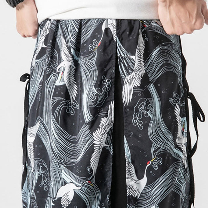 Buddha Stones Pantalon d'été en coton pour homme, jambes larges, avec poches, motif grue volante - image 36