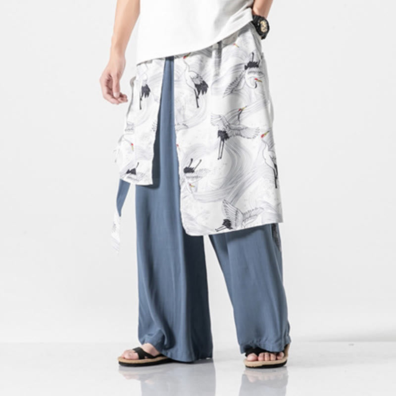 Buddha Stones Pantalon d'été en coton pour homme, jambes larges, avec poches, motif grue volante - image 18