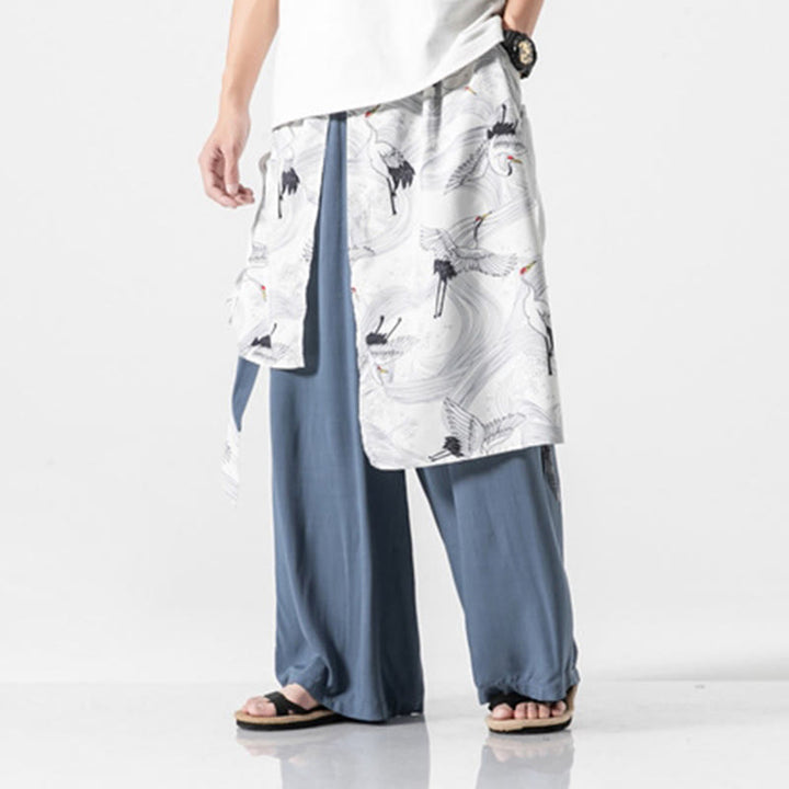 Buddha Stones Pantalon d'été en coton pour homme, jambes larges, avec poches, motif grue volante - image 18