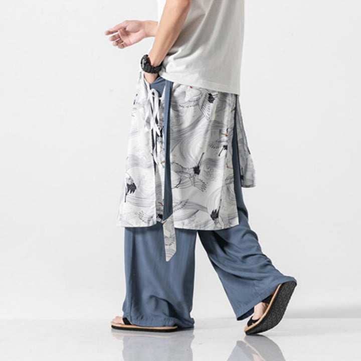 Buddha Stones Pantalon d'été en coton pour homme, jambes larges, avec poches, motif grue volante - image 17