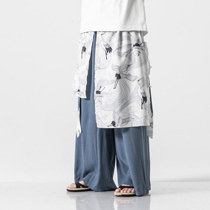 Buddha Stones Pantalon d'été en coton pour homme, jambes larges, avec poches, motif grue volante - image 20