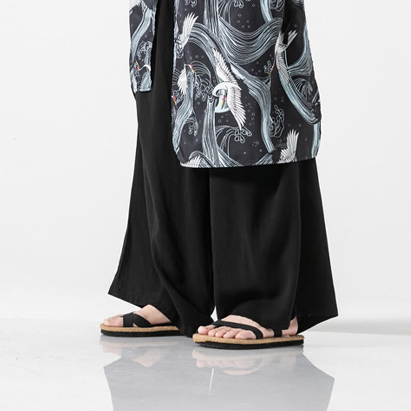 Buddha Stones Pantalon d'été en coton pour homme, jambes larges, avec poches, motif grue volante - image 37