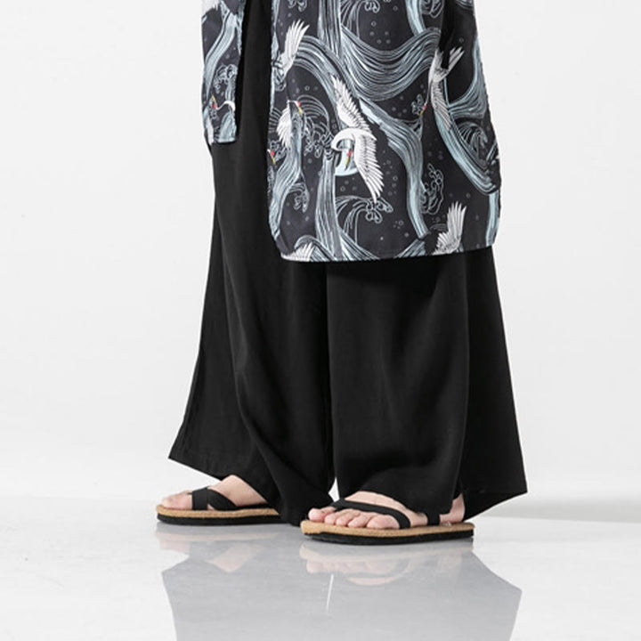Buddha Stones Pantalon d'été en coton pour homme, jambes larges, avec poches, motif grue volante - image 37