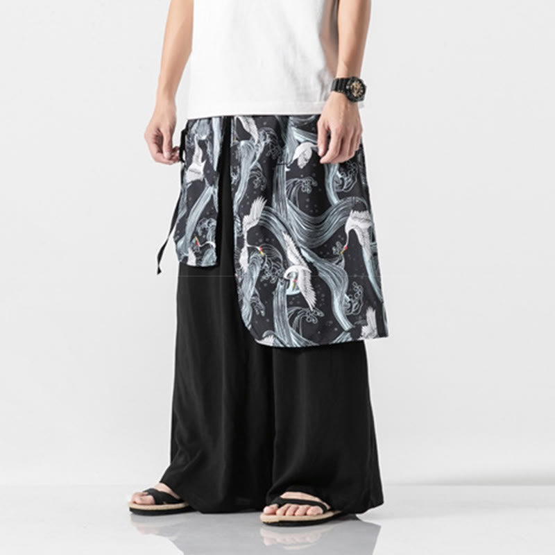 Buddha Stones Pantalon d'été en coton pour homme, jambes larges, avec poches, motif grue volante - image 25