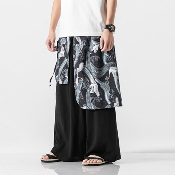 Buddha Stones Pantalon d'été en coton pour homme, jambes larges, avec poches, motif grue volante - image 25