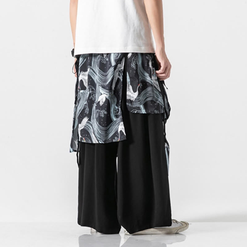 Buddha Stones Pantalon d'été en coton pour homme, jambes larges, avec poches, motif grue volante - image 27
