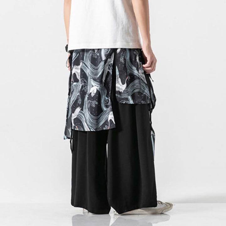 Buddha Stones Pantalon d'été en coton pour homme, jambes larges, avec poches, motif grue volante - image 27