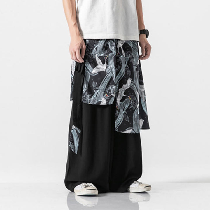 Buddha Stones Pantalon d'été en coton pour homme, jambes larges, avec poches, motif grue volante - image 26