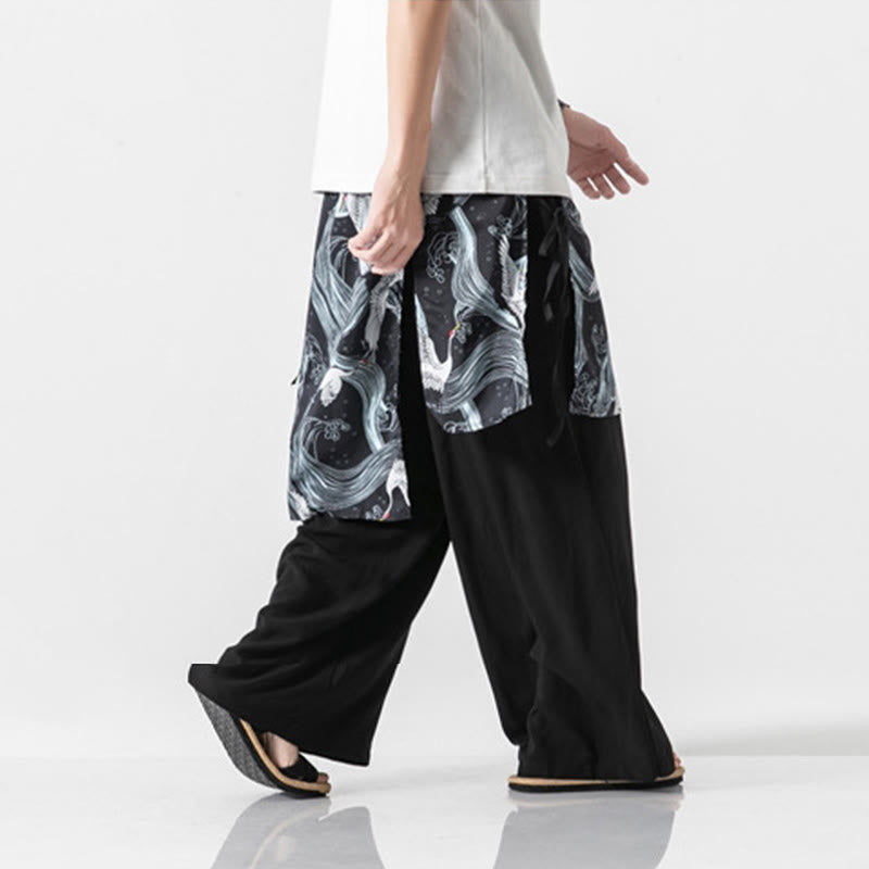Buddha Stones Pantalon d'été en coton pour homme, jambes larges, avec poches, motif grue volante - image 28