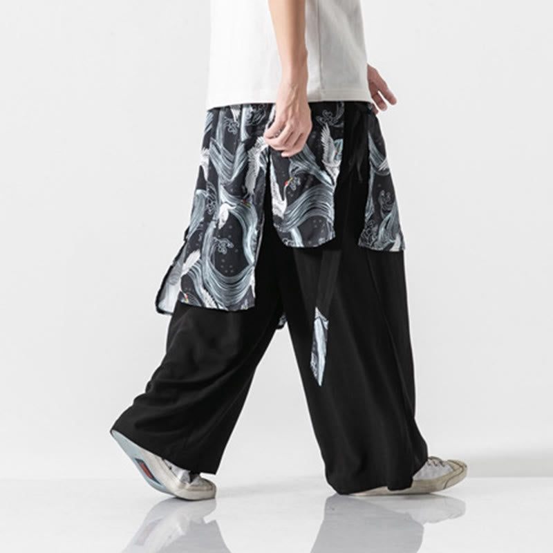 Buddha Stones Pantalon d'été en coton pour homme, jambes larges, avec poches, motif grue volante - image 31