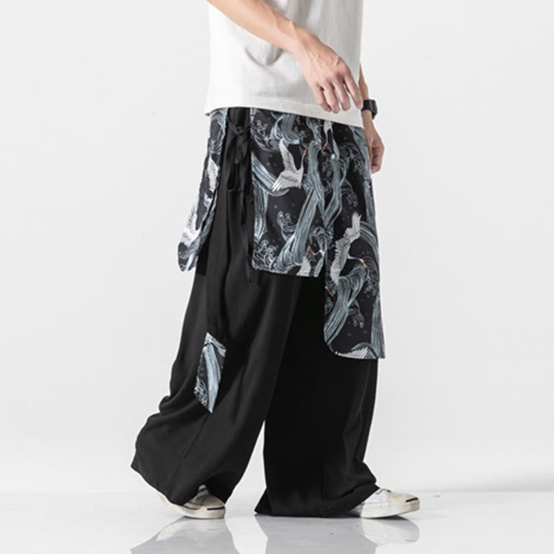Buddha Stones Pantalon d'été en coton pour homme, jambes larges, avec poches, motif grue volante - image 30