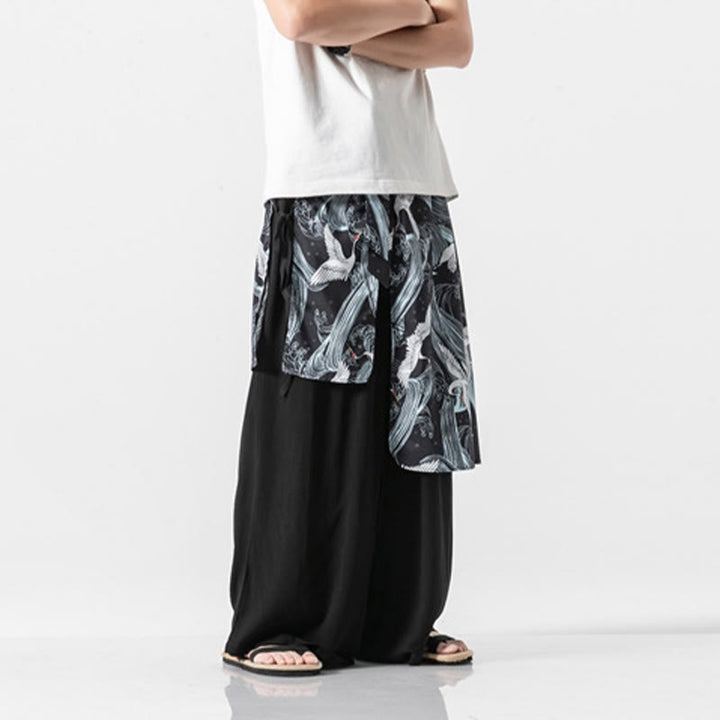 Buddha Stones Pantalon d'été en coton pour homme, jambes larges, avec poches, motif grue volante - image 32