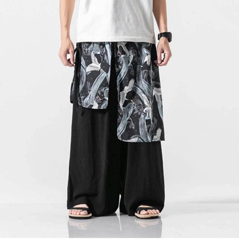 Buddha Stones Pantalon d'été en coton pour homme, jambes larges, avec poches, motif grue volante - image 29