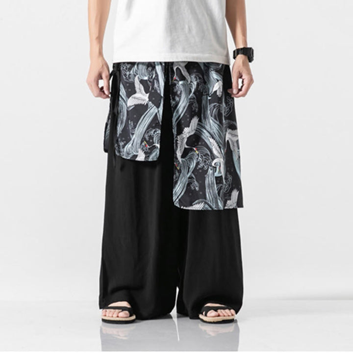 Buddha Stones Pantalon d'été en coton pour homme, jambes larges, avec poches, motif grue volante - image 29