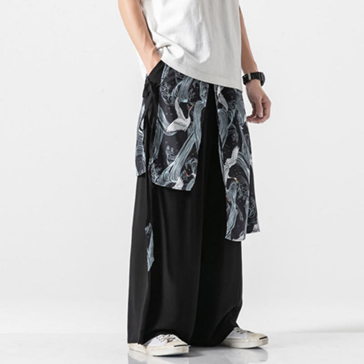 Buddha Stones Pantalon d'été en coton pour homme, jambes larges, avec poches, motif grue volante - image 33