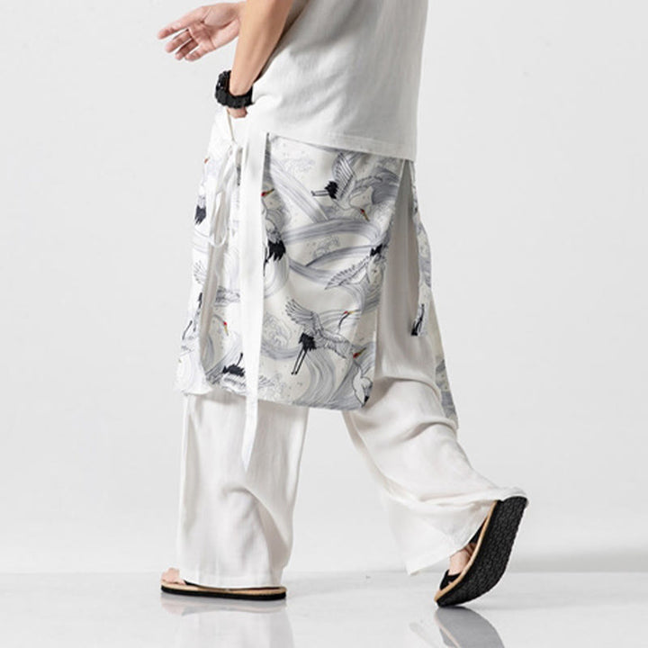Buddha Stones Pantalon d'été en coton pour homme, jambes larges, avec poches, motif grue volante - image 43