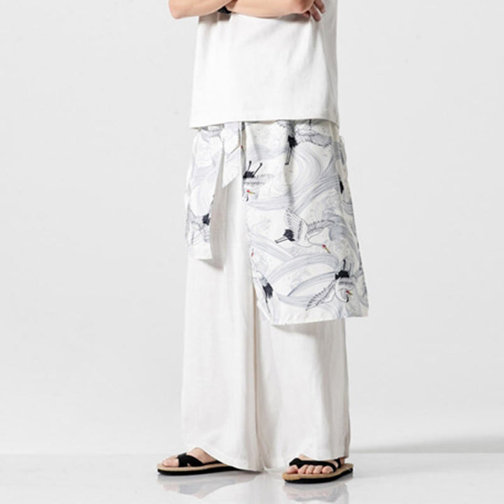 Buddha Stones Pantalon d'été en coton pour homme, jambes larges, avec poches, motif grue volante - image 45
