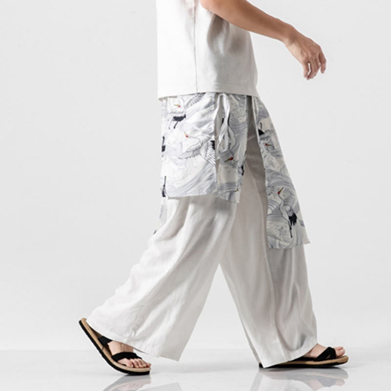 Buddha Stones Pantalon d'été en coton pour homme, jambes larges, avec poches, motif grue volante - image 46