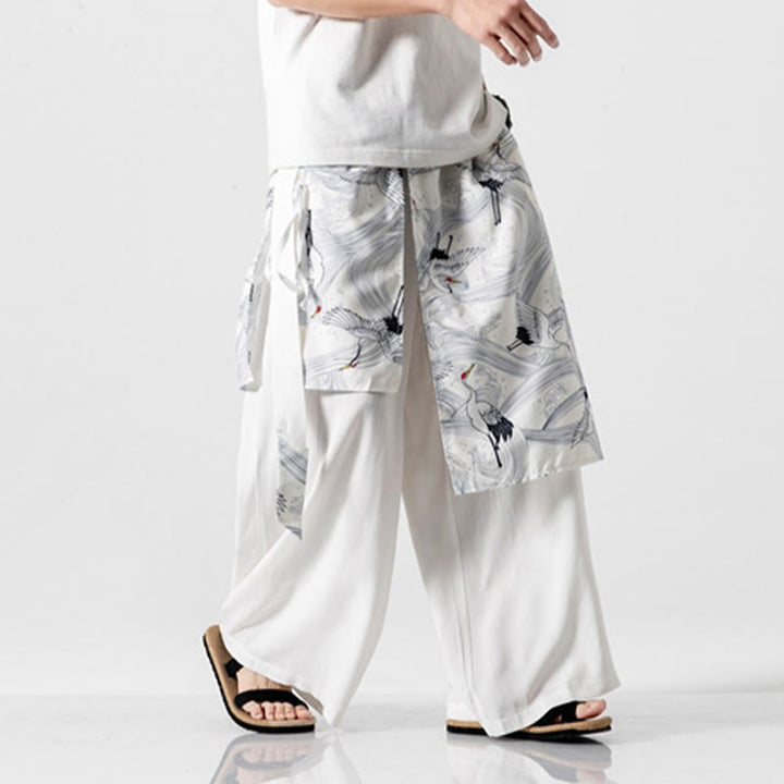 Buddha Stones Pantalon d'été en coton pour homme, jambes larges, avec poches, motif grue volante - image 39