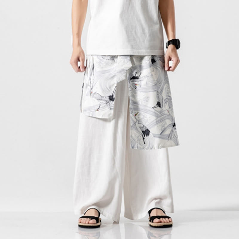 Buddha Stones Pantalon d'été en coton pour homme, jambes larges, avec poches, motif grue volante - image 44