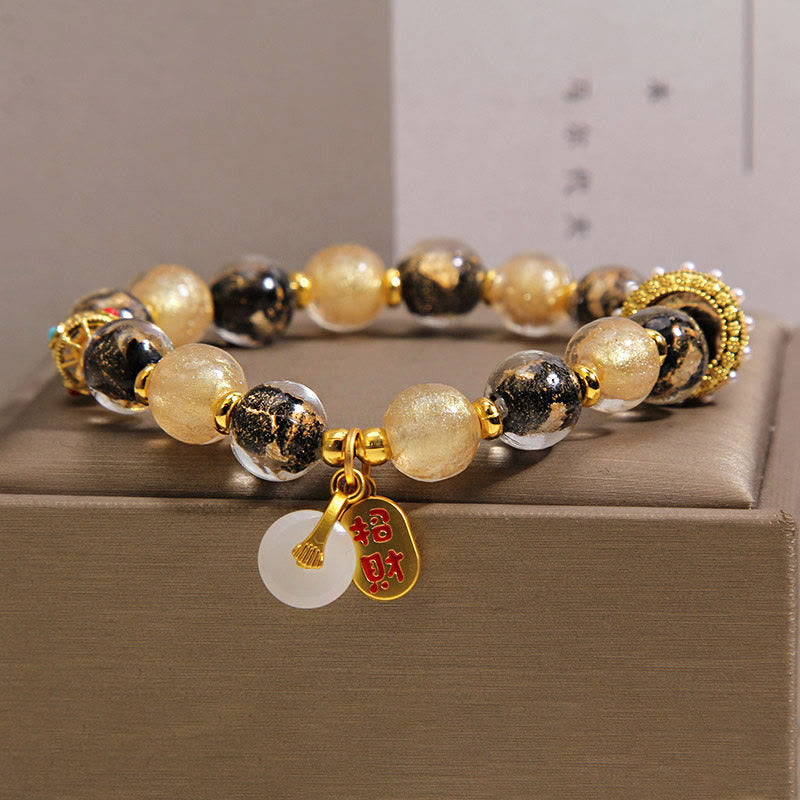 Buddha Stones Bracelet porte-bonheur en perles de verre Liuli noir et or, symbole de richesse et de paix - image 6