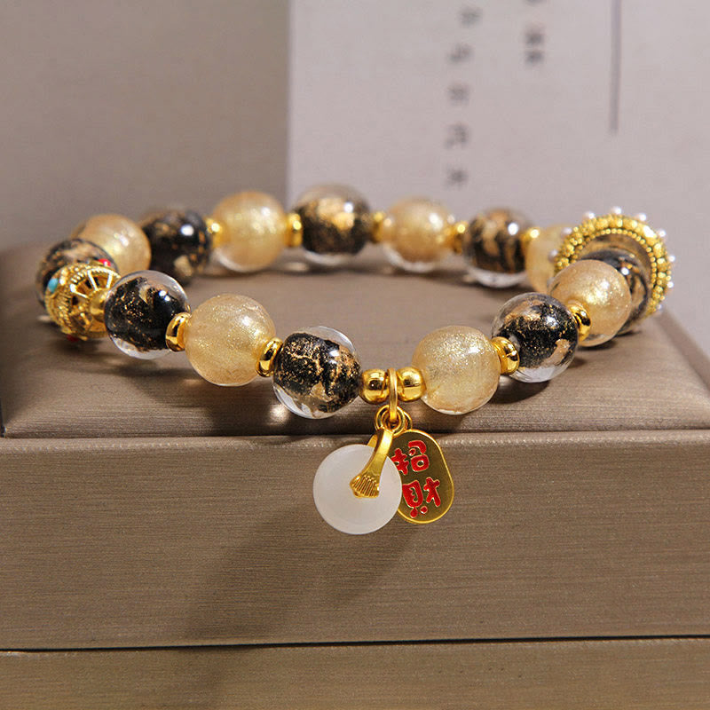Buddha Stones Bracelet porte-bonheur en perles de verre Liuli noir et or, symbole de richesse et de paix - image 5