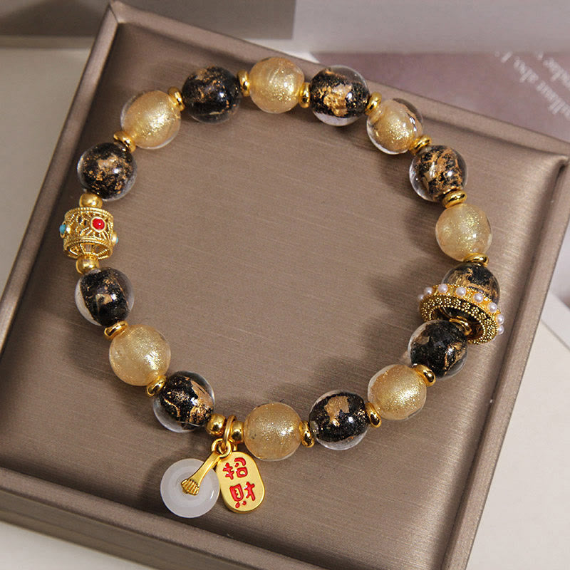 Buddha Stones Bracelet porte-bonheur en perles de verre Liuli noir et or, symbole de richesse et de paix - image 2