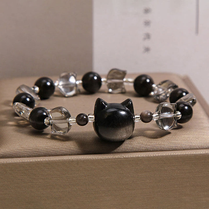 Buddha Stones Bracelet de purification et de force en obsidienne noire à tête de chat - image 5