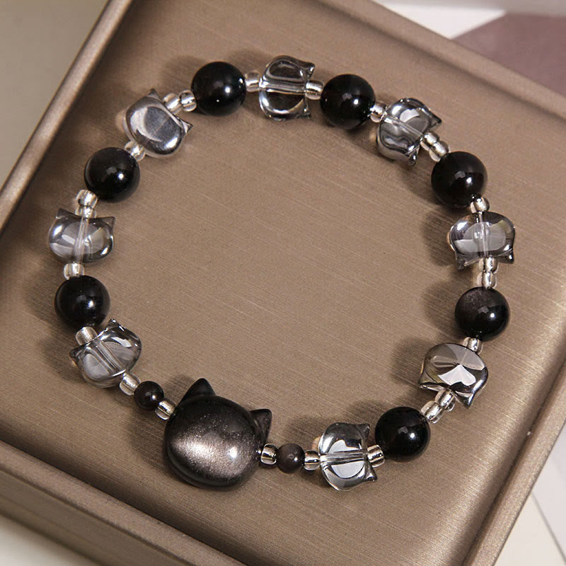 Buddha Stones Bracelet de purification et de force en obsidienne noire à tête de chat - image 4