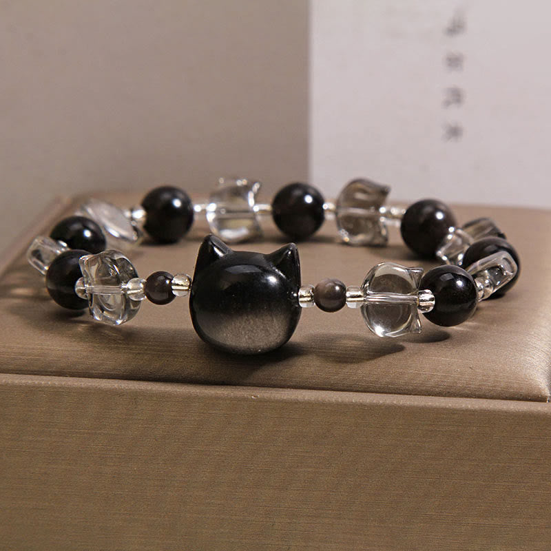 Buddha Stones Bracelet de purification et de force en obsidienne noire à tête de chat - image 6
