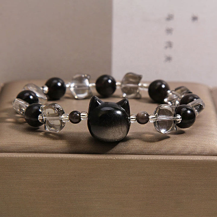 Buddha Stones Bracelet de purification et de force en obsidienne noire à tête de chat - Obsidienne noire (Tour de poignet : 14-16 cm) - image 0