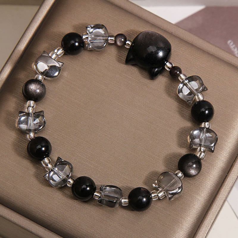 Buddha Stones Bracelet de purification et de force en obsidienne noire à tête de chat - image 2