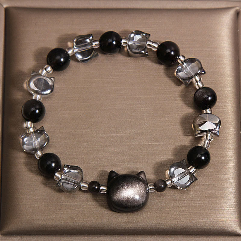 Buddha Stones Bracelet de purification et de force en obsidienne noire à tête de chat - image 3