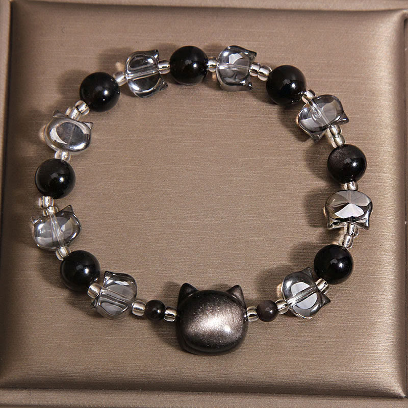 Buddha Stones Bracelet de purification et de force en obsidienne noire à tête de chat - image 1