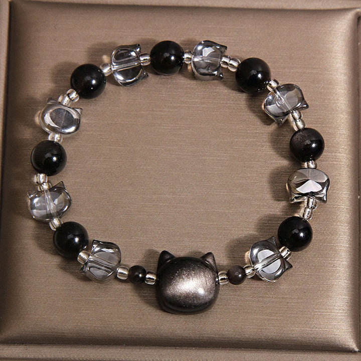 Buddha Stones Bracelet de purification et de force en obsidienne noire à tête de chat - image 1